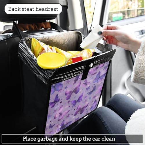Image of Car Trash Can Organizer Bin with Adjustable Strap for Back Front Seat Console Waterproof Leakproof Collapsible Portable 8.66 Inch Purple Dreamy Butterflies and Stars