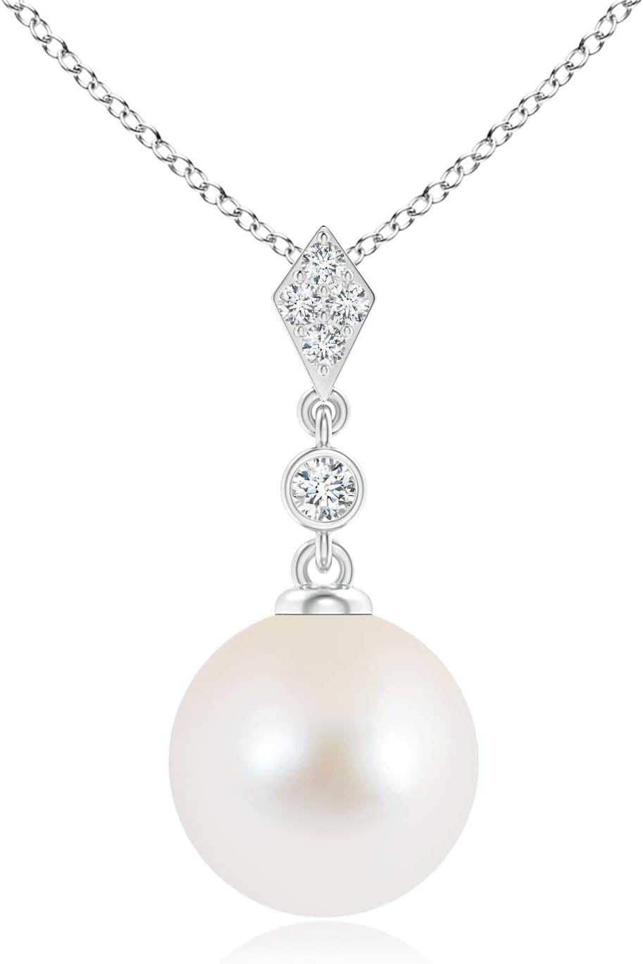 Angara Freshwater Pearl Pendant for Women | Round Freshwater Cultured Pearl Diamond Drop Pendant Necklace in 14K Solid Gold/Platinum With 18" Chain | June Birthday, Gemstone Jewelry Gift