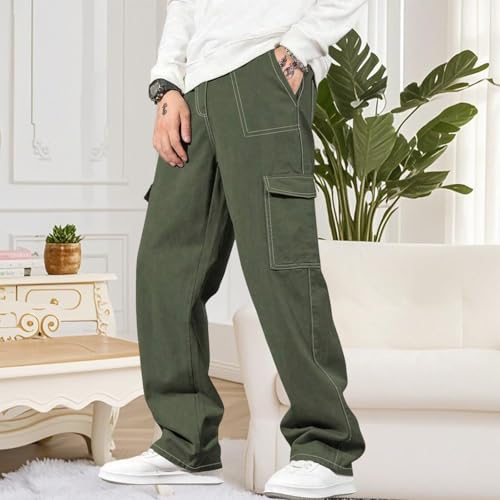 Men's High Waisted Baggy Cargo Pants Wide Leg Denim Cargo Hiking Pants Vintage Contrast Stitching Workout Trousers2