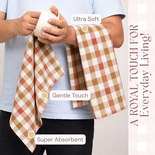 Image of Multi Checkered Dish Towels 4 Pack, 18x26 Inches, 100% Cotton Kitchen Cloths, Quick Drying Wash Rags, Reusable & Absorbent, Washable Towels for Cleaning, Cooking - Rust, Tan, Natural