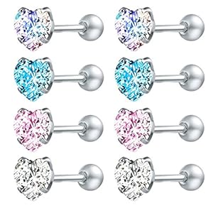 4 Paires de Boucles d’oreilles en Acier Chirurgical en Zircone Cubique Brillante, Ensembles de Cartilage Piercing Tragus Helix Conch Piercing, Acier Chirurgical Zircone cubique, zircone cubique