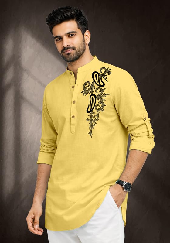 Image of Cotton Blend Self Design Printed Casual Short Kurta for Men Long Sleeve Mandarin Collar Stylish Kurta Shirt for Men