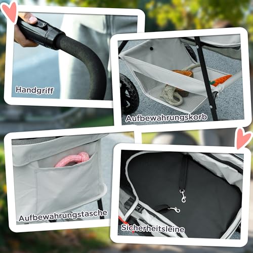 PawHut Hundewagen 3 in 1 Hundebuggy klappbar für Hunde & Katzen bis 4 kg Katzenbuggy mit Kissen Netzfenstern Getränkehalter Aufbewahrungskorb Katzenwagen Buggy Hellgrau
