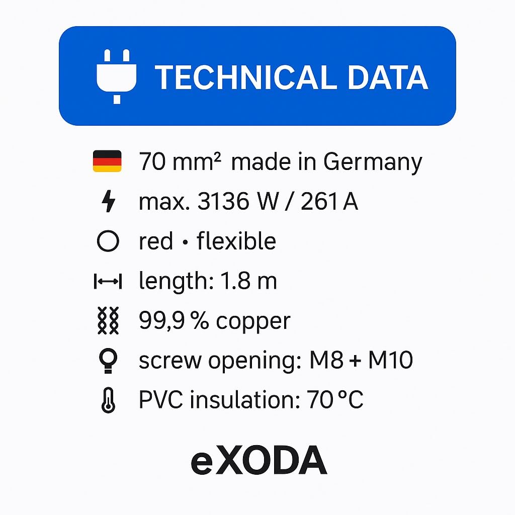 Exoda Batteriekabel 70 mm² 1,8m Kabelschuhe M8 und M10 Rot flexibles Kabel für Auto Boot Motorrad max 3136 Watt 99 Prozent Kupferanteil hochwertige Verarbeitung