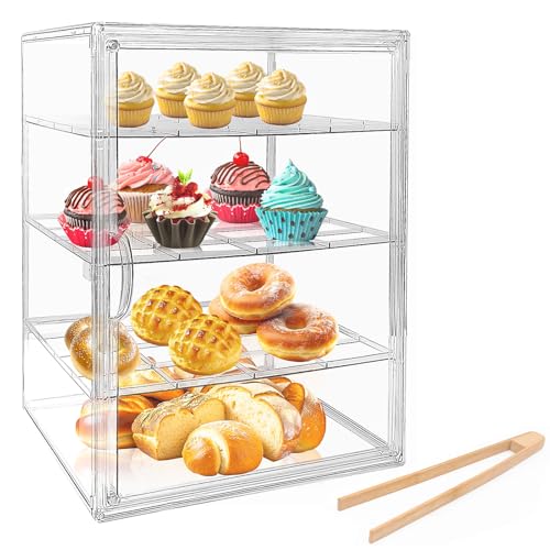 Paneras para Guardar el Pan Transparente, Bread Box de 4 Niveles Ajustables, con Puerta Magnética, Material Pet, con Pinzas de Bambú, para Guardar Donuts, Pan y Pasteles