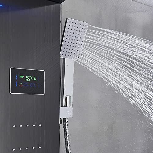 Columna de Ducha LED Panel Torre con Jets de Masaje y Sistema de Lluvia Cascada de Acero Inoxidable Negro con Ducha de Mano miniatura 7