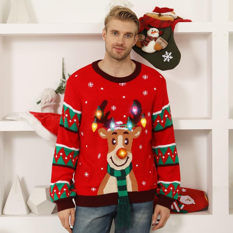 Kouric Maglione Natalizio Donna con Luci, Maglione Natale LED Divertente, Maglioni Natalizi Famiglia Coppia Luminoso Maglioncini di Natale Brutti, Ugly Christmas Sweater per Adulti/Bambina