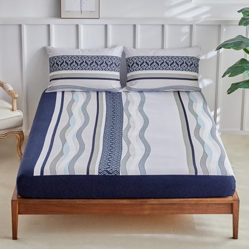 Tokokimo King Size Duvet Cover Sets 4 Piece Dark Blue Bedding Set with Fitted Sheet - Soft Microfiber King Size Bedding (1x Duvet Cover, 2x Pillowcases, 1x 40cm Deep Fitted Sheet) Dark Blue Stripe - Image 4