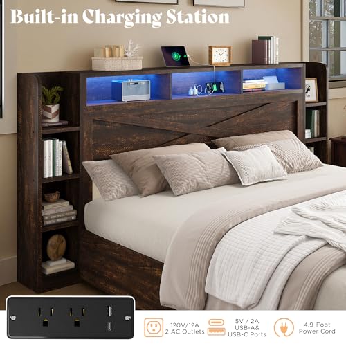Image of AMERLIFE 45'' Farmhouse Queen Bed Frame with 4 Drawers, LED Bed Frame with Bookcase Headboard & Side Shelves, Wood Platform Bed with Charging Station, Walnut