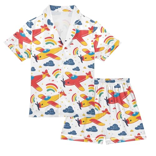 ALAZA Yellow Red Airplane Cartoon Pajamas Satin Pajama Set Short Sleeve Button Down Sleepwear