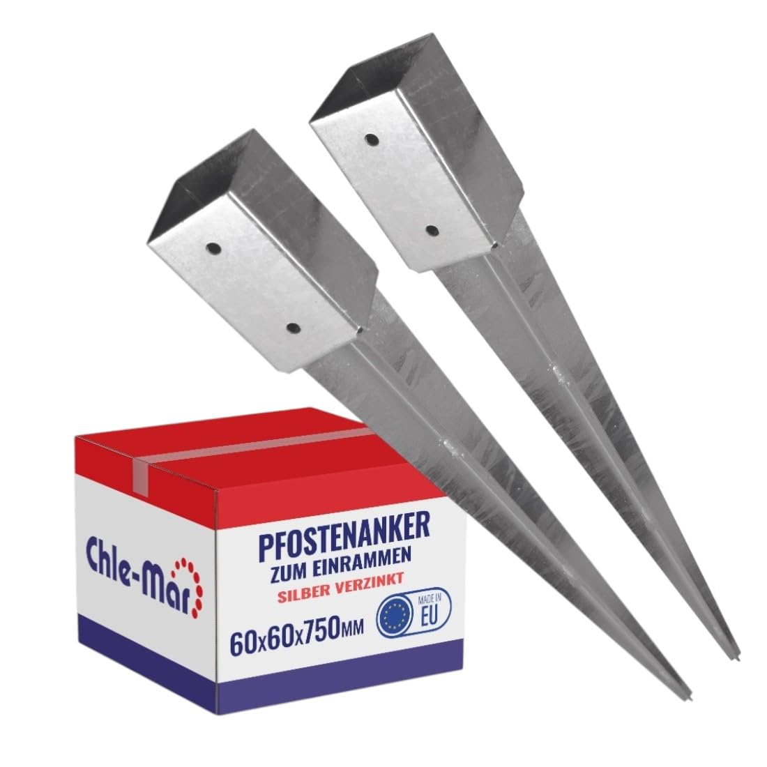 Chle-Mar – 2x Pfostenträger Einschlaghülse 60x750 mm | Stabile Bodenhülse für Holzpfosten aus Metall 3 mm | Einschlagbodenhülse/Bodenanker/Pfostenanker für Zaun, Pergola & Konstruktionen