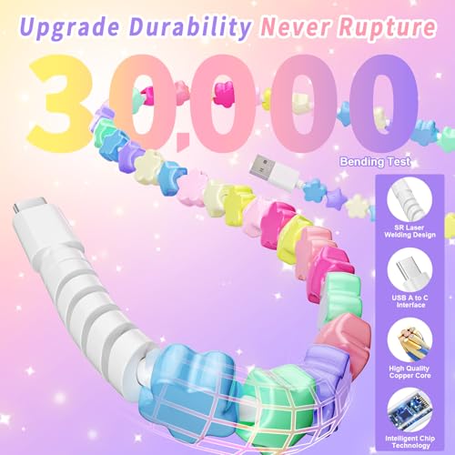 Image of HianDier USB C Cable USB to USB C Charging Cable 3.3FT Cute Flower Star Bead Fast Charger Cord for Girls Women Compatible with iPhone 16 15 Pro Max for Galaxy S25 S24-Candy Colored