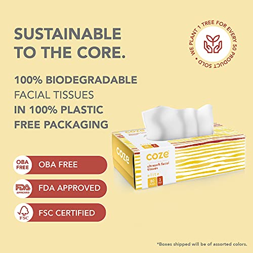 Image of Coze Facial Tissue Box (3 Ply, 80 Pulls) | Pack of 4 Assorted Coloured Boxes | 100% Skin-safe, FDA Approved, OBA Free | Sleek Tissue Box for Car, Bathroom, Bedroom, Office | Tissue Papers for Face