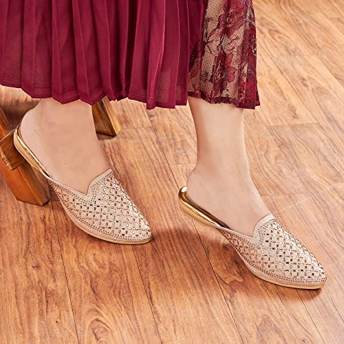 Image of Bellies for Women |Slip on Juttis Soft Padded |Stonework Mules for Ladies| Sparkling Upper |Back Open Casual Flats| Stylish Footwear Sandals for Ladies|Punjabi Mojari Half Shoes