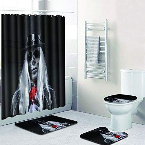 ZDDWLDL 4Pcs Duschvorhänge Set Mit Rutschfesten Teppichen,Toilettendeckel und Badematte Schwarzer Weißer Roter…