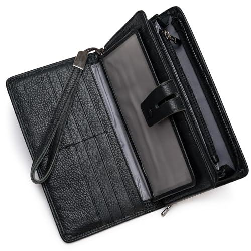 Bveyzi Women's Big Fat Rfid Leather Wristlet Wallet Organizer Large Phone Checkbook Holder with Zipper Pocket (Black)