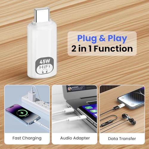 Image of Verilux 2 in 1 Light-ning to C Earphone Converter, PD 45W Type C Male to Light-ning Female Adapter with 480Mbps High-Speed Data Transmission for iPhone 16 /15 Series, iPad mini /Air /Pro