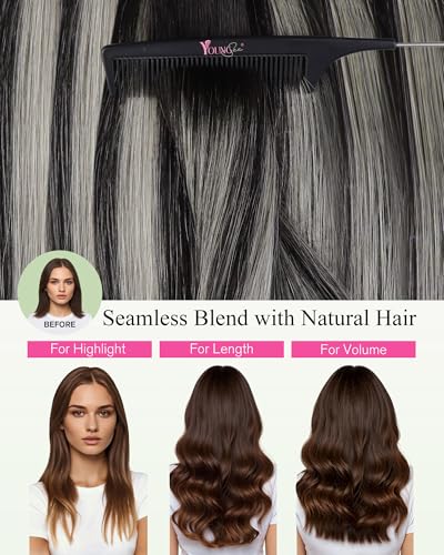 Image of YoungSee Balayage Tape Hair Extensions Real Human Hair Black Tape in Hair Extensions Ombre Black to Silver Lightweight Hair Extension Tape for Women Silky Straight Hair 18 Inch 50g 20pcs