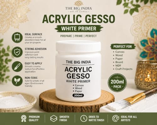 Image of Acrylic Gesso White Primer | Art & Craft Surface Sealer for Canvas, Wood, Paper, MDF & More | Smooth Matte Finish | 200ml (Pure for Sure)