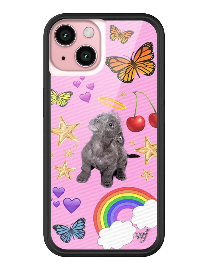 Coque iPhone 15 Wildflower antichoc motif chien étoiles et cœurs