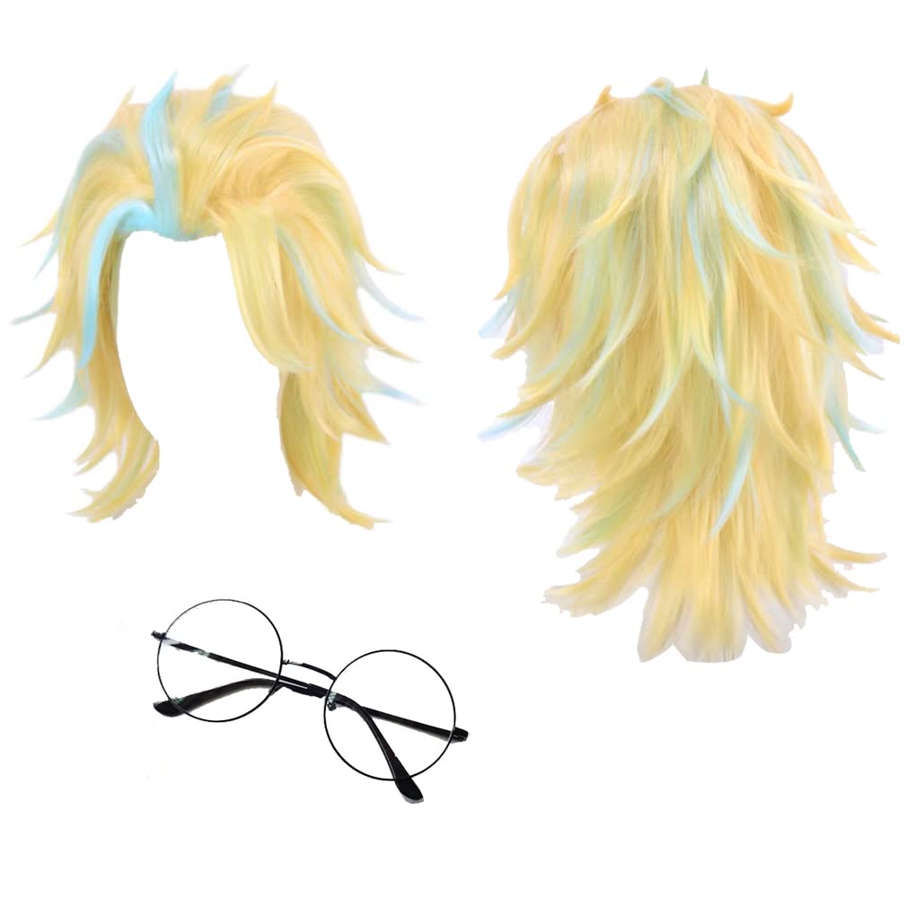 LOKCEE Rindou Haitani Wig Cosplay Golden Blue Hair with Glasses Anime Rindo Cosplay Costume with Wig Cap