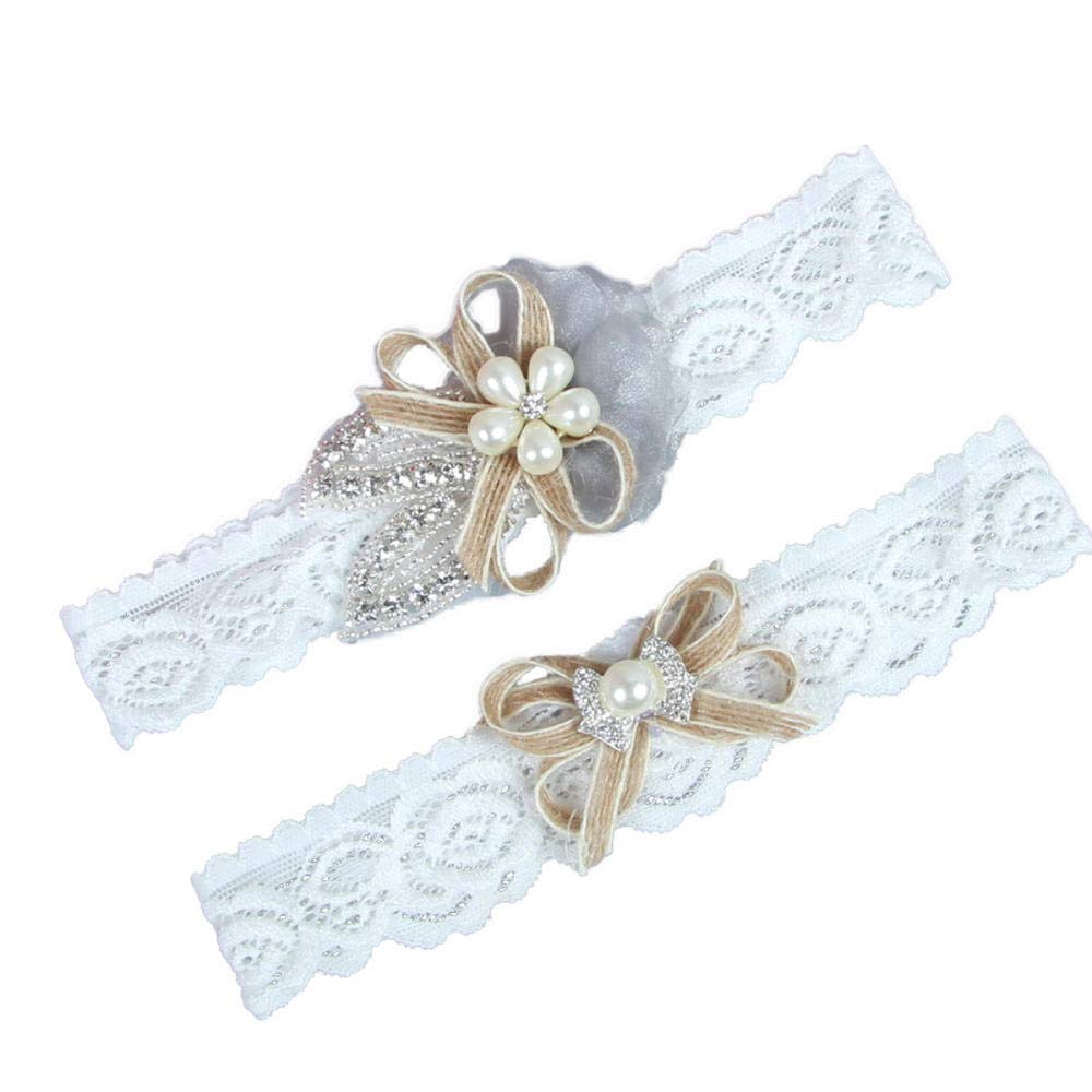 Giarrettiera in Cristallo da Sposa, Accessori da Sposa Giarrettiera in Pizzo Elastico con Passante per Le Gambe-Bianco 5 Pezzi_M, Giarrettiera in Pizzo con Ornamento (Bianco 5 Pezzi XLarge)
