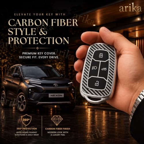 Image of arika Key Cover Compatible with Tata Harrier | Safari | Nexon | Altroz | Tigor | EV | Punch | Tiago EV Electric - 4 Button Smart Key , Sterling Silver Carbon Series