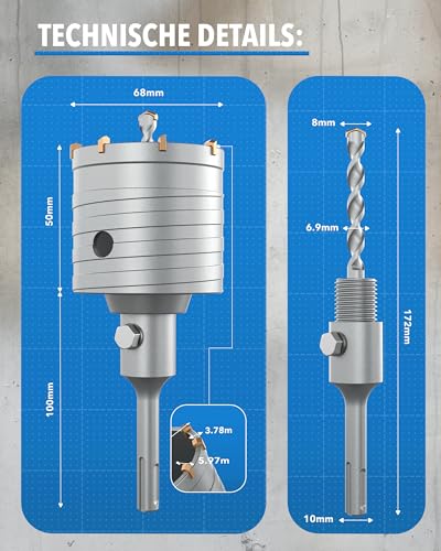 Bohrkrone 68mm SDS Plus - Steckdosenbohrer für Mauerwerke & Unterputz, Dosenbohrer für Steckdosen, Lochbohrer, Kernbohrer - Hochleistungs Kronenbohrer, Dosensenker für Profis
