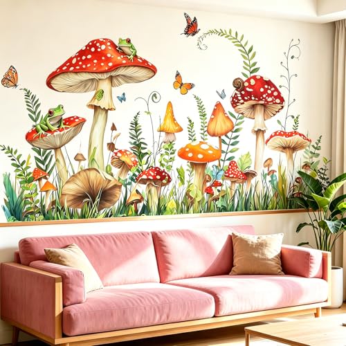 Mushroom Wall Decals Peel and Stick, Large Frog Butterflies Grass Vinyl Wall Stickers, Removable Home Decor Art for Bedroom Living Room Classroom Office