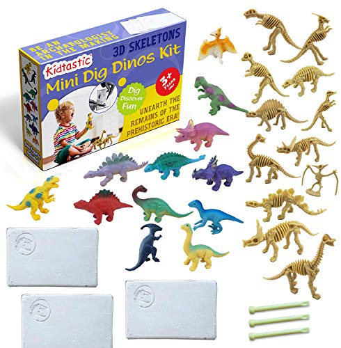 Kidtastic Dig Dinosaur Toys Fossils Digging Set (9 PCS) Mini Set of 3” Assorted Dino Figures & Build Skeletons – Science Learning Excavation Kit, Archaeology Toy for Kids Age 3 and Up