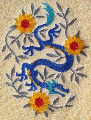 Bath Towel Set with Embroidered Floral Dragon