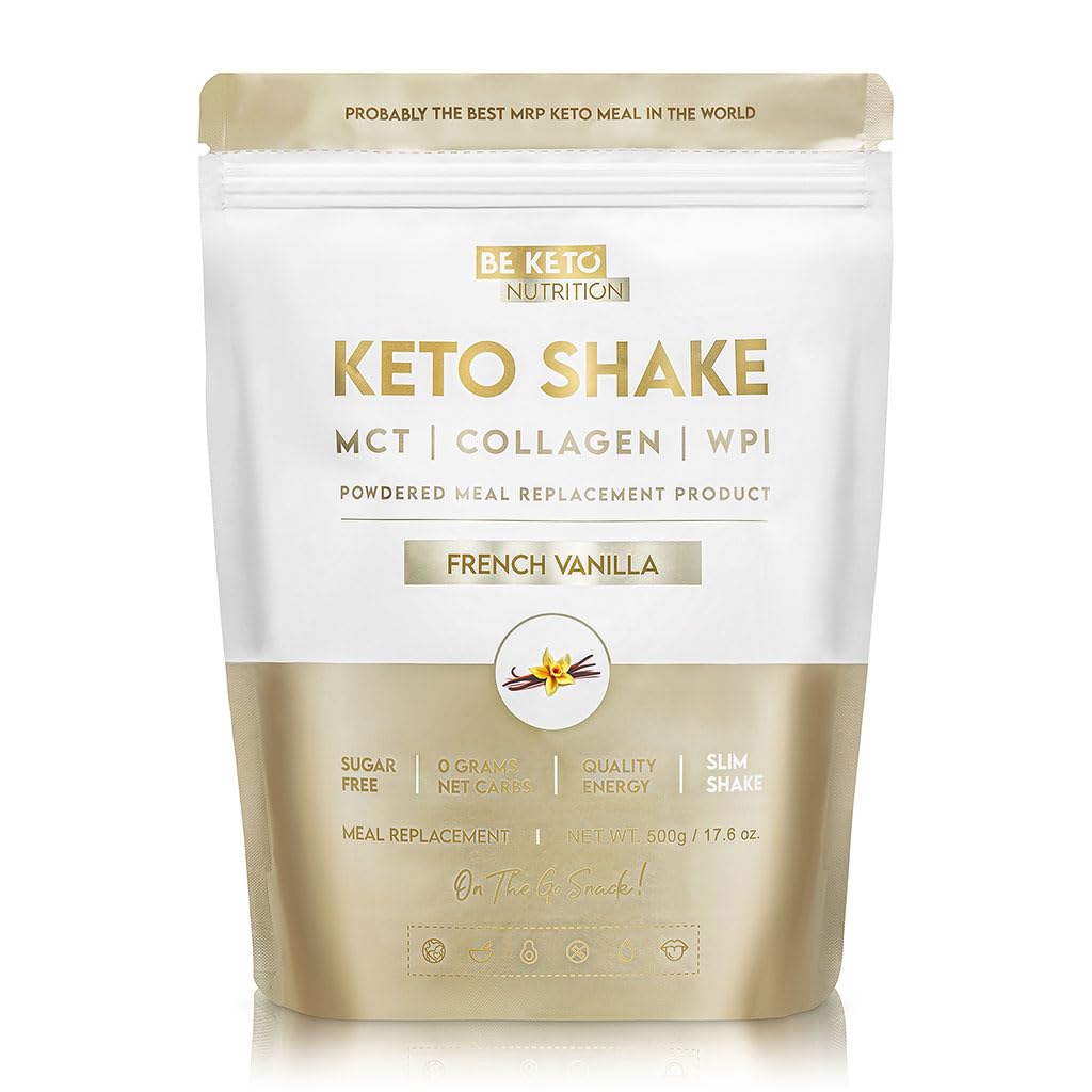 BeKeto Diet Shake Französisch Vanille 500g | Mahlzeitenersatz mit MCT-Öl & Kollagen | Nur 72 kcal, 13g Protein, 1,2g Kohlenhydrate | 25 Portionen | Low Carb Eiweißpulver zum Abnehmen | Ohne Zucker