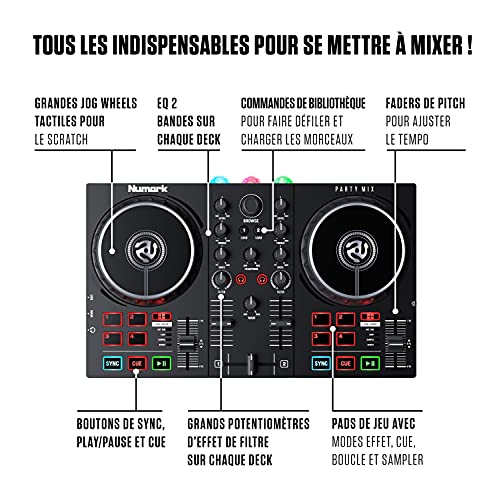 Numark Party Mix II, N-Wave 360 & HF175 – Platine DJ avec lumières et table de mixage, enceintes et casque DJ inclus - Image 5