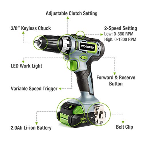 Workpro 20V Cordless Angle Grinder Kit, 4-1/2 Inch, Lightweight Angle Grinder Tool With 20V Cordless Drill/Driver Kit, 3/8”, 18+2 Torque Setting, Variable Speed #TOP6