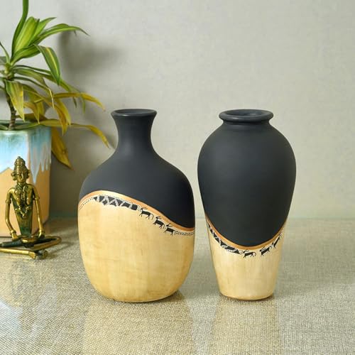 Image of Aakriti Art Creations Midnight's Secret Small Vase Set of 2 | Terracotta Modern Art Flower Vases | Matte Finish Decorative Vases for Living Room, Table Decor & Gifting