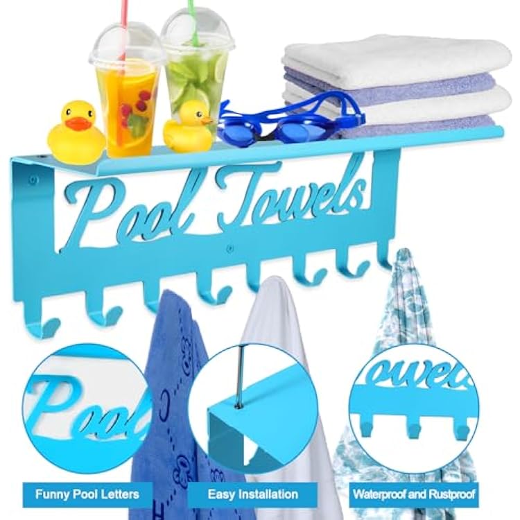 Blue Outdoor Pool Towel Rack with Shelf Pool Decor Wall Hooks Towel Holder Carbon Steel Hanger Organizer Pool Accessories for Hanging Towels, Robes, Clothes, Swimming Suit, Bags, Keys