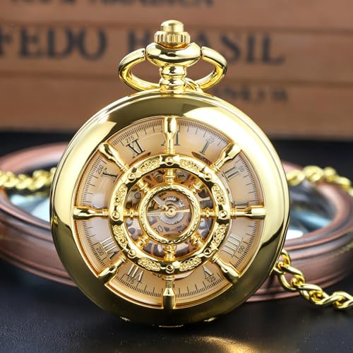 Image of Men's Mechanical Pocket Watch Black Rudder Pattern Double Open Hollow Roman Numerals Pocket Watch