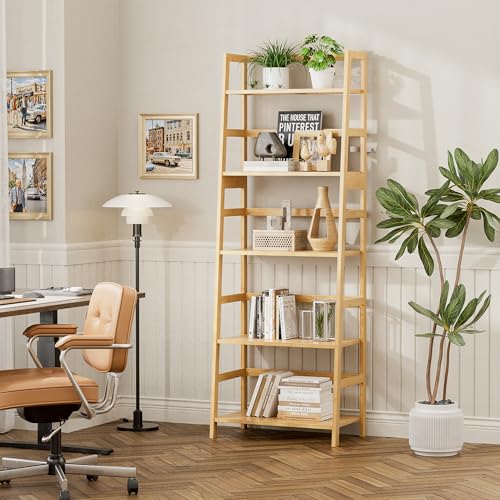 Ladder Shelf, 5-Tier Bookshelf, All Bamboo Heavy Duty Bookcase, Freestanding Open Wood Storage Rack, Modern Corner Display Plant Stand for Living Room, Home Office, Bathroom, Bedroom, Natural - Image 5