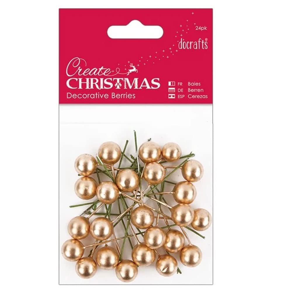 Create Christmas Decorative Berries 24 Pack, Gold, Craft, Embellishment, Handmade Cards, Crafting Accessories, Mini Decorations, Festive Craft Making Supplies