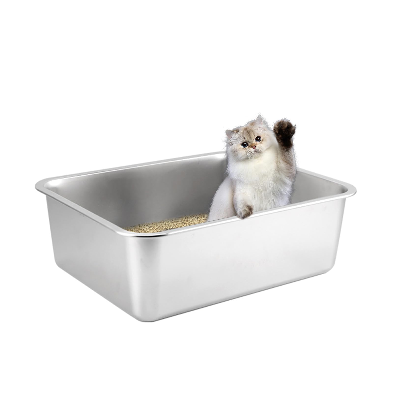 Lettiera per gatti robusta, inodore, in acciaio inox, superficie liscia e antiaderente, grande capacità per una pulizia più facile (acciaio inossidabile, 40 x 30 x 15 cm)