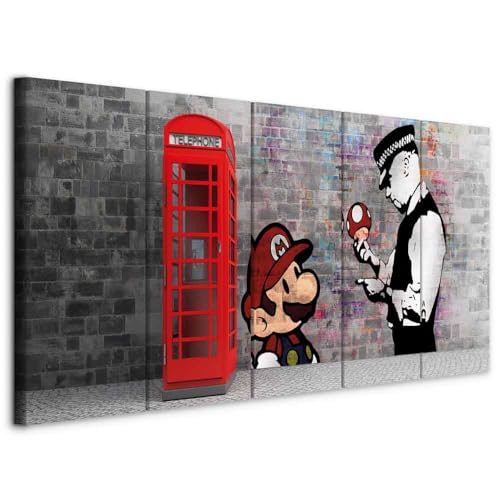 murando - Wandbilder XXL Banksy Mario 200x80 cm 5 tlg Bilder Leinwandbild Leinwand Wand Deko Bilder Wohnzimmer Bild Schlafzimmer Leinwandbilder Wandbild - London Street Art Urban Mural i-C-0104-b-m