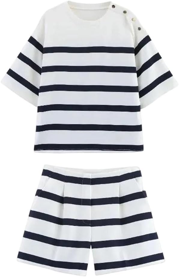 Women Summer Button Striped Short Sleeve Top Casual Shorts Two Piece Set Street Style Beach Suit