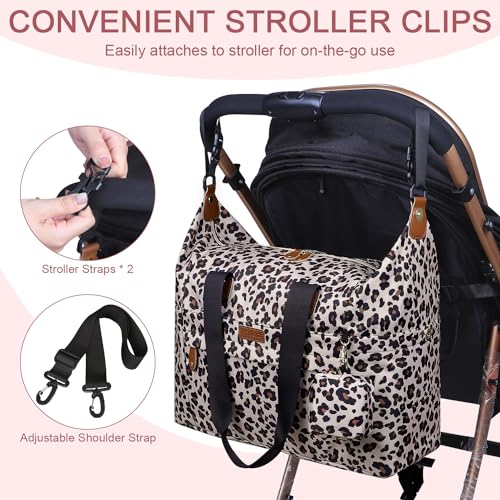 Image of Pritent Diaper Bag Tote - Diaper Baby Bags with Pacifier Case, Shoulder Straps, Stroller Clips, Waterproof Large Mommy Maternity Travel Baby Bag for Mom and Dad, Leopard, Medium