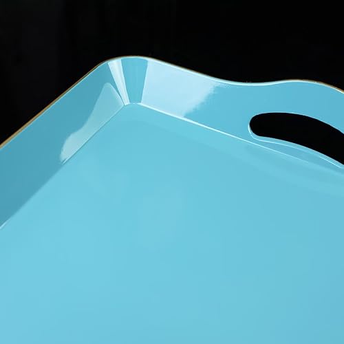 Miniatura 10 de Bandeja decorativa redonda azul con asas, bandeja de café elegante de 13 pulgadas para sala de estar otomana, baño, al aire libre, desayuno