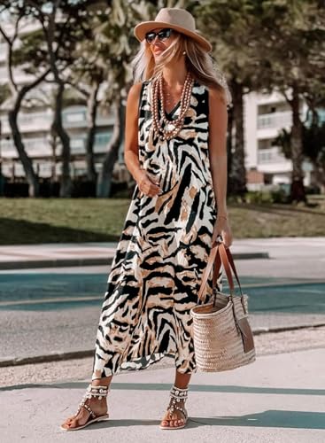 Image of miduo Womens Casual Summer V Neck Sleeveless Floral Printed Beach Split Maxi Dress Sundress