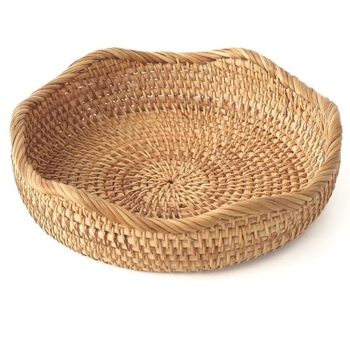 HITOMEN Handmade Rattan Bread Baskets Round Wicker Fruit Serving Storage Bowls, Natural Woven Decorative Kitchen Counter Organizing (Honey Brown) S-8.7'