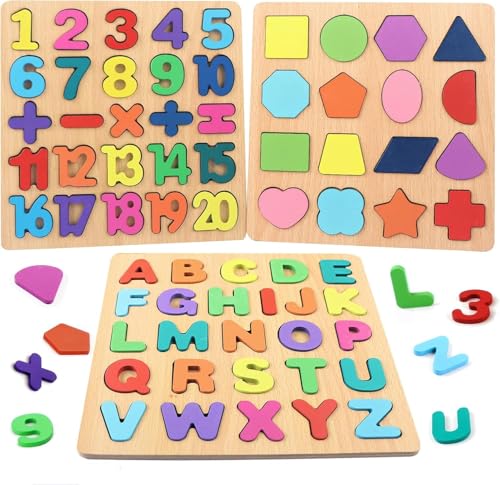 Image of GITGRNTH 3 in 1 Wooden Puzzles for Toddlers | Educational Board Game ABCD Alphabets, Numbers & Shapes Puzzles -Puzzle Toys for 2 Years Old Boys & Girls, Preschoolers - Educational Toys