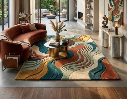 Image of Hand Tufted Premium Wool Abstract Wave Design Carpet for Living Room, Bedroom, Office & Home Decor Size 12x18 Feet