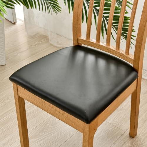 FANSU Dining Chair Seat Covers Set of 6, Black, Waterproof, Faux Leather, Modern Style with Non-Slip Elastic Bottom - Image 2
