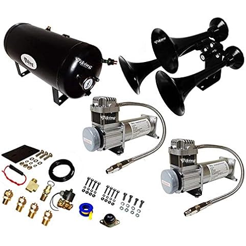 Viking Horns Super Loud 170 Decibels Three Horn Train Air Horn Kit, in Chrome or Black, with Dual 200 PSI Air Compressors V103C2X-6-12/307(B) (Black) Cover